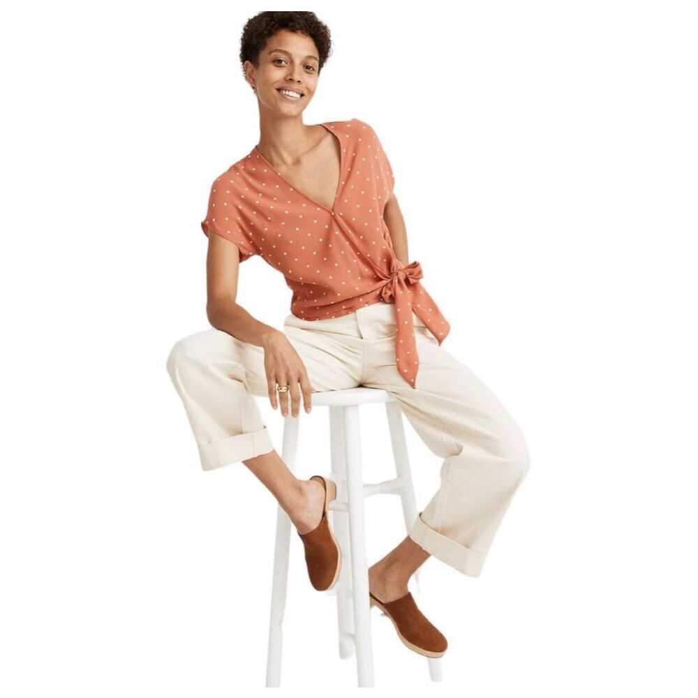Madewell Coral Sash-tie wrap top in Polka Dot Size small